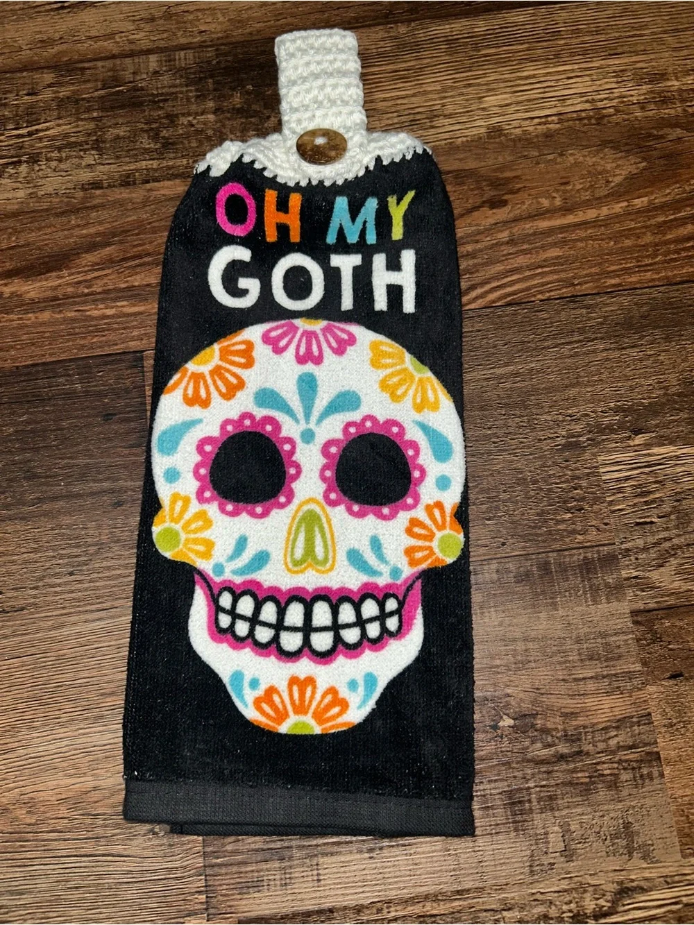 Oh My Goth Black Sugar Skull Halloween Hanging Kitchen Towel